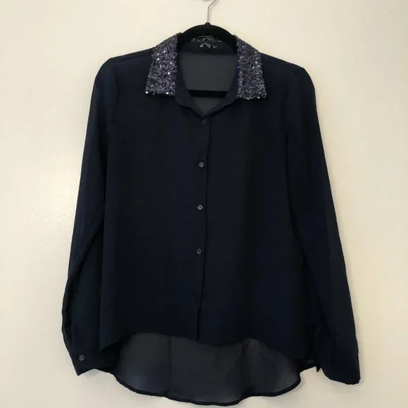 Forever 21 Dark Navy Sheer Sequin-Collar Button-Up Blouse | Size Small - Picture 5 of 11